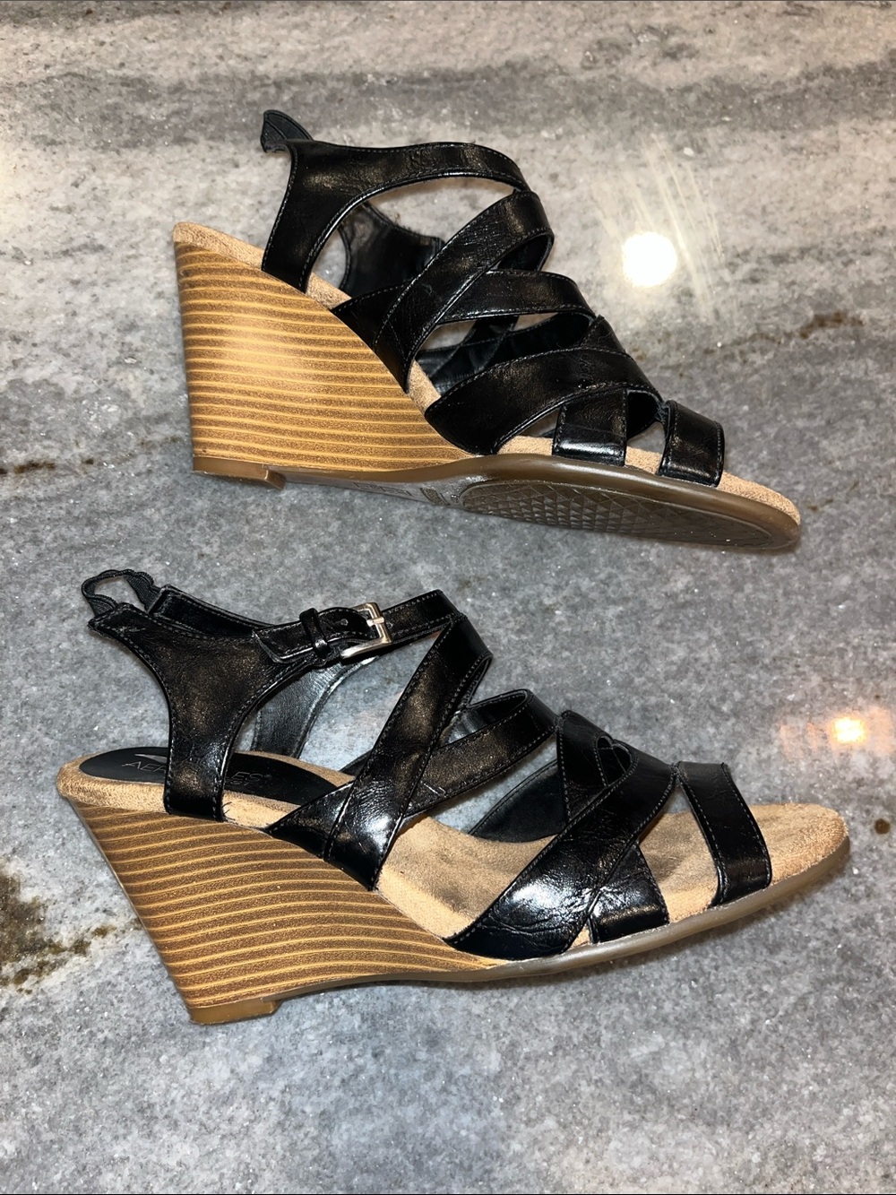 AEROSOLES Black Strappy Wedge Sandals with Tan Stacked Heel